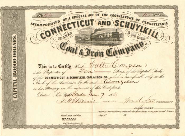 Connecticut and Schuylkill Coal and Iron Co. - Stock Certificate